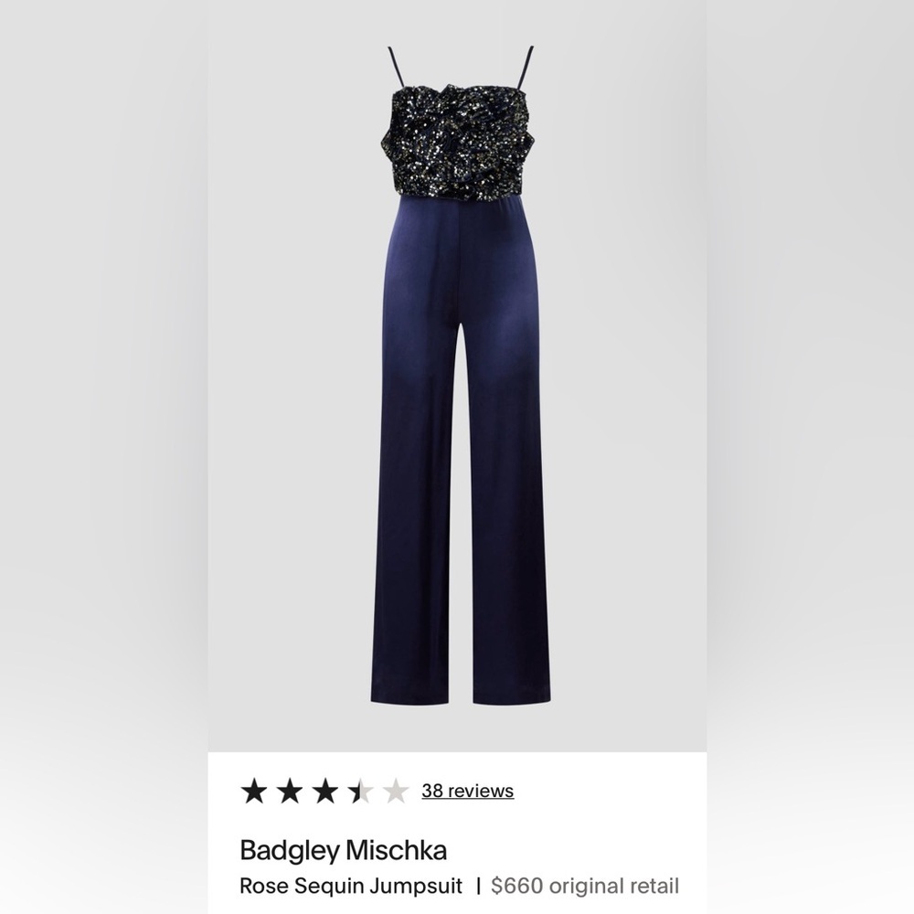 Badgley Mischka navy Blue Wide Leg Sequin Jumpsuit EUC Sz 6 - Picture 2 of 5